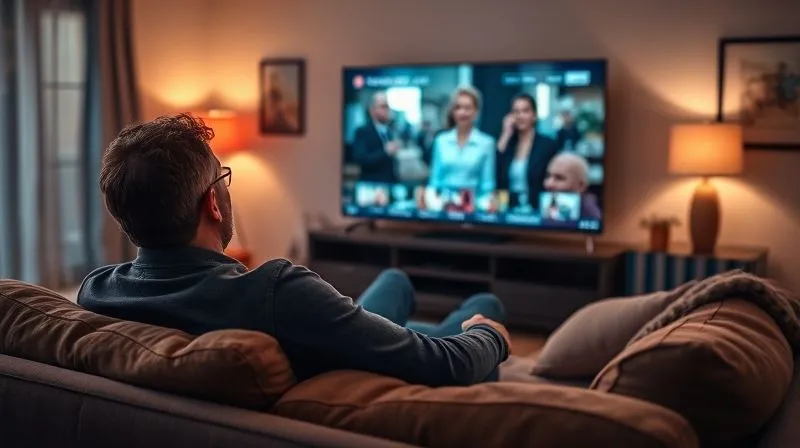 A photorealistic image of a person sitting comfortably on a sofa, engrossed in watching a foreign language film on a large smart TV, with subtitles in the target language. The room is cozy with soft, cinematic lighting, and a few subtle cultural artifacts from the target language's country are visible. Professional photography, 8K, sharp focus on the screen and person, depth of field blurring the background, shot on a high-end DSLR.