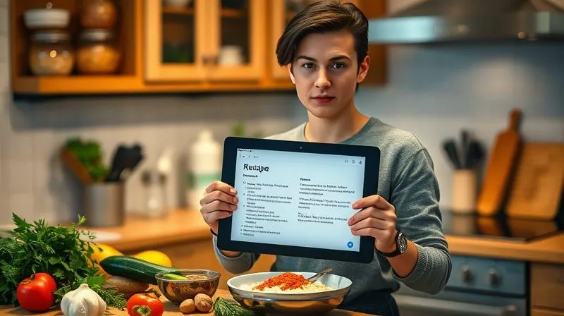 A photorealistic image of a person in a home kitchen, holding a tablet displaying a recipe in a foreign language. Various cooking ingredients are on the counter, and the person has a focused, engaged expression. The scene is well-lit, with cinematic lighting highlighting the ingredients and the tablet. Professional photography, 8K, sharp focus on the person and recipe, depth of field blurring the background, shot on a high-end DSLR.