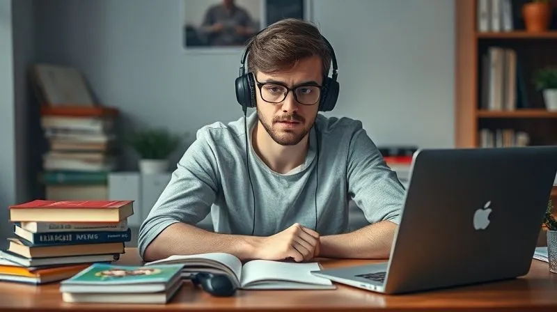A photorealistic image of a person sitting at a desk, looking slightly overwhelmed but determined, surrounded by various language learning materials (books, headphones, laptop with language app). The lighting is soft but focused, emphasizing the individual's effort. Professional photography, 8K, sharp focus on the person, depth of field blurring the background, shot on a high-end DSLR.