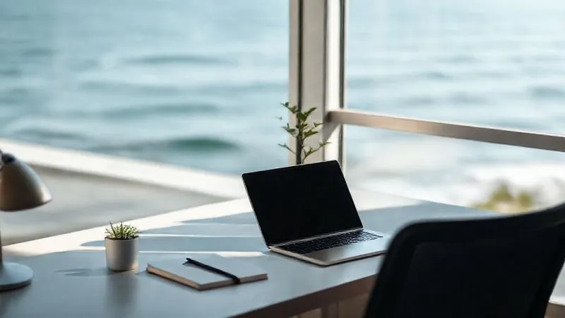 A photorealistic image of a minimalist desk setup with a laptop, a small plant, and a notebook, overlooking a serene ocean view. The scene is bathed in soft, natural light, conveying peace and focus. Sharp focus on the desk items, depth of field blurring the ocean. Shot on a high-end DSLR, 8K hyper-detailed.
