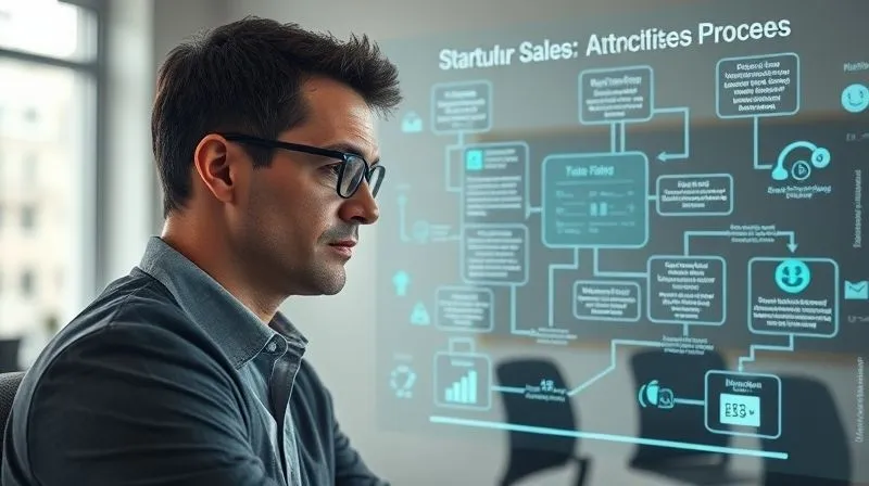 A photorealistic image of a startup leader in a modern, minimalist office, looking at a complex but organized holographic flowchart of automated sales processes. The leader has an expression of clarity and strategic thinking, surrounded by subtle digital interfaces showing data flow and efficiency metrics. Cinematic lighting, sharp focus, depth of field, 8K hyper-detailed.