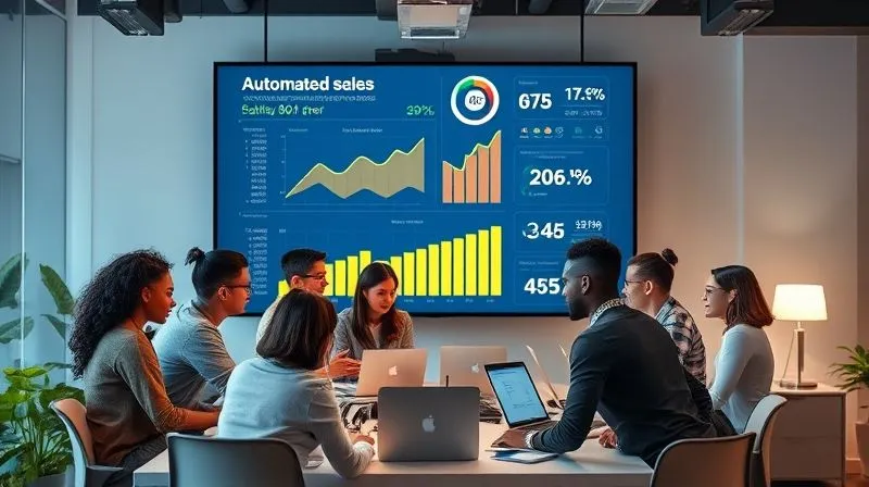 A diverse team of startup employees collaborating efficiently around a large screen displaying automated sales workflows and positive growth metrics. The atmosphere is energetic and focused, with digital interfaces subtly integrated into the modern office environment, reflecting synergy and technological advancement. Photorealistic, professional photography, 8K, cinematic lighting, sharp focus, depth of field.
