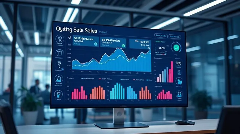 A futuristic dashboard displaying real-time sales metrics with upward trends and clear data visualizations. The screen is integrated into a modern, sleek office environment, with a subtle aura of AI and data analytics surrounding it, symbolizing intelligent growth and continuous optimization. Photorealistic, professional photography, 8K, cinematic lighting, sharp focus, depth of field.