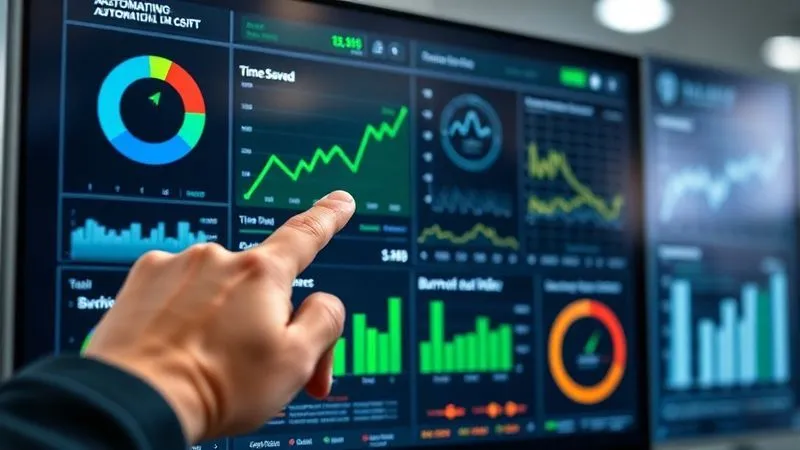 A photorealistic image of a sleek data dashboard displaying various charts and graphs related to automation efficiency and team well-being. A hand points to a green upward trend line for 'Time Saved' and a downward trend for 'Burnout Index'. Cinematic lighting, sharp focus on the screen, depth of field blurring the background, 8K hyper-detailed, shot on a high-end DSLR.