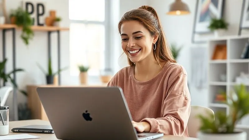A photorealistic image of an empowered and relaxed digital nomad, smiling confidently, working on a laptop in a beautifully organized and minimalist home office with natural light. The background subtly shows elements of efficient technology and a serene, balanced environment. Cinematic lighting, sharp focus on the relaxed expression, depth of field blurring the background, 8K hyper-detailed, shot on a high-end DSLR.