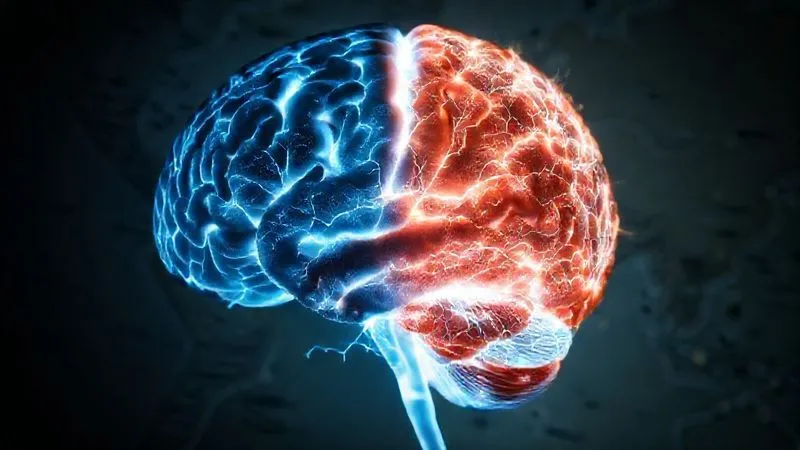 A photorealistic image of a person's brain, half in shadow representing fixed mindset, and half brightly lit with glowing neural pathways extending, representing growth mindset. The lit side shows intricate connections and new pathways forming, with a subtle background of a travel map, 8K, cinematic lighting, sharp focus, depth of field, professional photography, shot on a high-end DSLR.