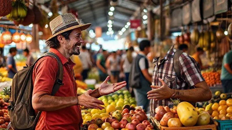 A photorealistic image of a vibrant local market in Southeast Asia, with a traveler confidently engaging with a local vendor over exotic fruits. Both are smiling, gesturing with their hands. The scene is full of colorful produce, bustling activity in the background, cinematic lighting, sharp focus on the interaction, depth of field, 8K, professional photography, shot on a high-end DSLR.