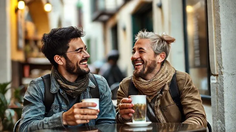 A photorealistic image of two people, a traveler and a local, sharing a genuine laugh over a cup of coffee in a quaint alleyway cafe in Italy. Their body language is open and relaxed, faces expressive with joy and connection, demonstrating successful cross-cultural communication. Cinematic lighting, sharp focus on their faces, depth of field blurring the cafe background, 8K, professional photography, shot on a high-end DSLR.