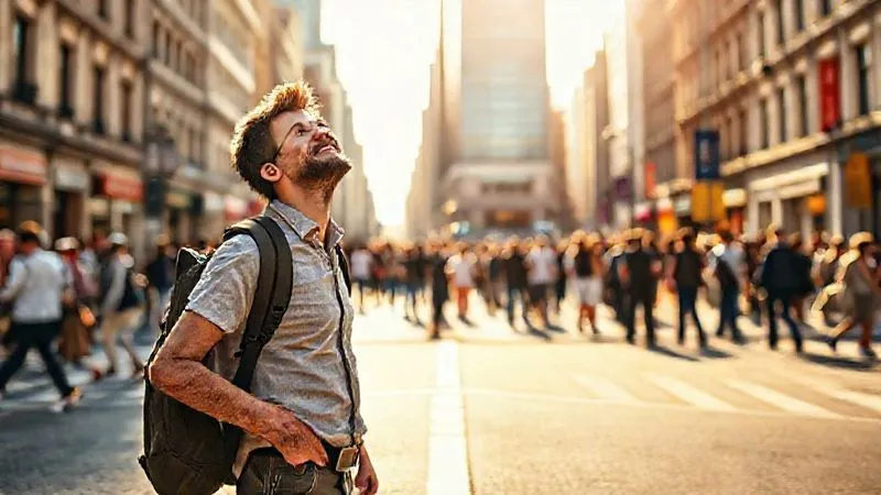 A photorealistic image of a traveler standing confidently at a crossroads in a bustling foreign city, looking up with a determined and joyful expression. The path ahead is clear and inviting, symbolizing overcoming obstacles. Sunlight bathes the scene, highlighting the architectural details and diverse crowd in the background. Cinematic lighting, sharp focus on the traveler, depth of field blurring the city, 8K, professional photography, shot on a high-end DSLR.