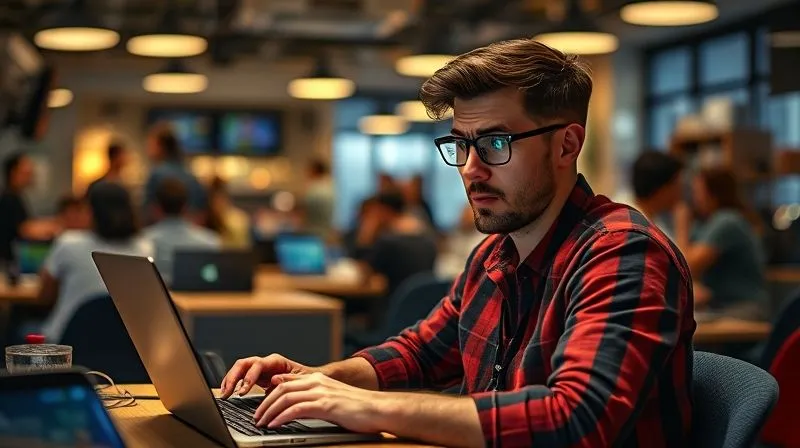 A photorealistic image of a digital nomad sitting in a bustling co-working space, looking overwhelmed and confused, with multiple open tabs on their laptop and a worried expression. Cinematic lighting, sharp focus on the nomad, depth of field blurring the background chaos, 8K hyper-detailed.