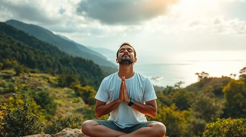 A photorealistic image of a digital nomad, eyes closed, hands clasped, meditating amidst a vibrant, diverse natural landscape (mountains, forest, ocean in the distance), with light rays breaking through clouds, symbolizing clarity and purpose. Professional photography, 8K, cinematic lighting, sharp focus on the nomad, depth of field blurring the landscape, shot on a high-end DSLR.