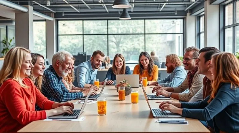 A photorealistic image of a diverse group of digital nomads laughing and collaborating around a large table in a modern, sunlit co-working space, with laptops open and colorful drinks. The atmosphere is vibrant and connected. Professional photography, 8K, cinematic lighting, sharp focus on the group, depth of field blurring the background, shot on a high-end DSLR.