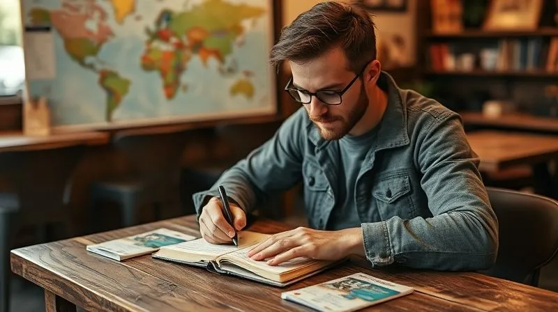 A photorealistic image of a digital nomad, sitting at a rustic wooden table in a cozy cafe, meticulously writing in a journal, with a contemplative expression. A map and travel guides are subtly visible in the background, suggesting reflection on past journeys. Professional photography, 8K, cinematic lighting, sharp focus on the journal and hands, depth of field blurring the background, shot on a high-end DSLR.