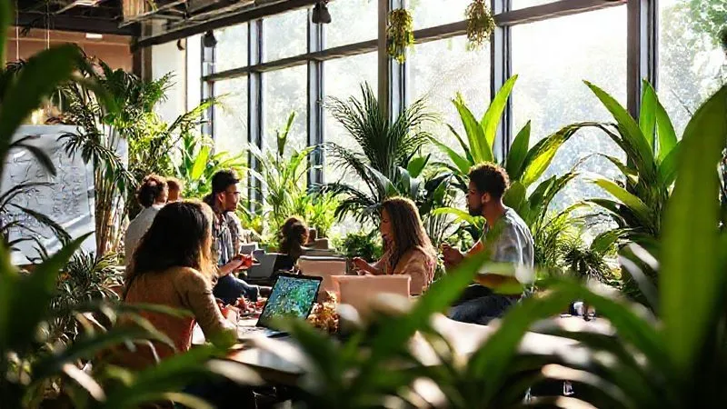A photorealistic image of a vibrant, modern co-working space in a tropical location, filled with diverse digital nomads collaborating and chatting. Sunlight streams through large windows, illuminating lush green plants. There are whiteboards with ideas, laptops open, and people sharing coffee. The atmosphere is energetic and community-focused. Cinematic lighting, sharp focus on a small group engaged in deep conversation, depth of field blurring the background, 8K hyper-detailed, professional photography, shot on a high-end DSLR.