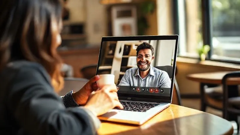 A photorealistic image showing a digital nomad video calling a colleague on a laptop, with a split screen showing both faces smiling and engaged in conversation. The nomad is in a cozy, sunlit cafe, holding a coffee, while the colleague appears to be in a professional home office. The background is slightly blurred to emphasize the connection. Cinematic lighting, sharp focus on the laptop screen and the nomad's face, depth of field, 8K hyper-detailed, professional photography, shot on a high-end DSLR.