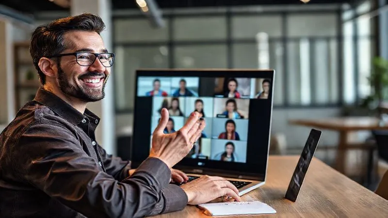 Photorealistic image of a digital nomad confidently leading a virtual meeting on a laptop, with a diverse team visible in video calls on the screen. The nomad is smiling, gesturing, and engaged. The background is a modern, minimalist co-working space. Professional photography, 8K, cinematic lighting, sharp focus on the nomad's face and laptop screen, depth of field, shot on a high-end DSLR.