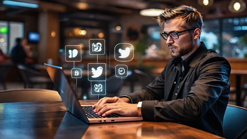 Photorealistic image of a digital nomad typing on a sleek laptop at a vibrant co-working cafe, surrounded by subtle, glowing holographic icons representing LinkedIn, Twitter, and a personal blog. The nomad looks focused and professional. Professional photography, 8K, cinematic lighting, sharp focus on the nomad and laptop, depth of field blurring the cafe background, shot on a high-end DSLR.