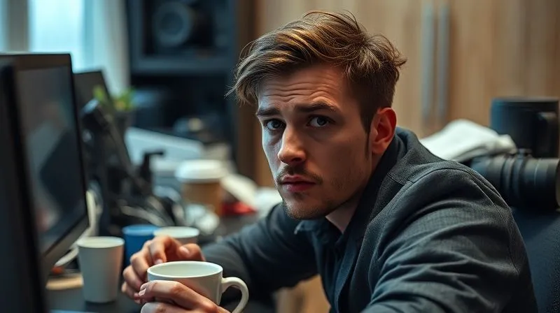 photorealistic, professional photography, 8K, cinematic lighting, sharp focus, depth of field, shot on a high-end DSLR. A digital nomad looking overwhelmed amidst a chaotic temporary workspace, perhaps a cluttered hotel room desk with wires, coffee cups, and travel gear. Their face shows frustration and lack of focus. The background is slightly blurred but suggests instability and disorganization. Emotional resonance of struggle and distraction.