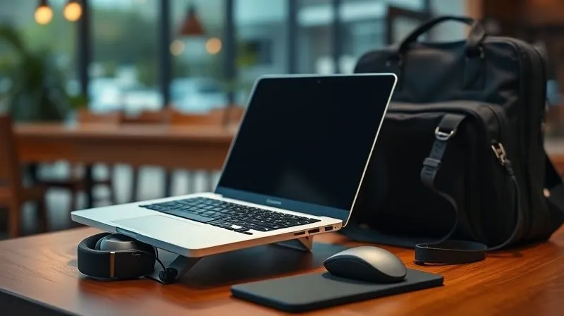 photorealistic, professional photography, 8K, cinematic lighting, sharp focus, depth of field, shot on a high-end DSLR. A neatly organized portable digital nomad setup: a sleek laptop on an ergonomic stand, a compact wireless keyboard and mouse, noise-canceling headphones, and a small, stylish bag. The background is a soft blur of a modern, uncluttered cafe or co-working space, suggesting readiness and efficiency. The lighting is bright and inviting.