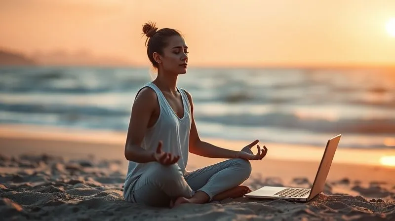 photorealistic, professional photography, 8K, cinematic lighting, sharp focus, depth of field, shot on a high-end DSLR. A digital nomad meditating peacefully on a beach at sunrise, laptop closed beside them. The scene is serene and calm, emphasizing mental well-being and balance amidst a nomadic lifestyle. Soft, warm lighting, sharp focus on the meditating figure, depth of field blurring the ocean and laptop. Emotional resonance of peace and mindfulness.