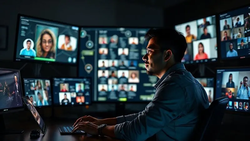 A photorealistic image of a person sitting at a desk, surrounded by a subtle, glowing digital interface showing interconnected language learning apps, video calls, and cultural media on multiple screens, symbolizing a comprehensive digital immersion ecosystem. Cinematic lighting, sharp focus on the person's engaged expression, depth of field. 8K hyper-detailed, professional photography, shot on a high-end DSLR.