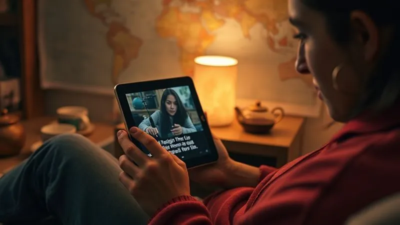 A photorealistic image of a person intensely focused on a tablet screen, watching a foreign film with subtitles, surrounded by subtle cultural artifacts from that language's country (e.g., a specific type of tea set, a map). Warm, cinematic lighting, sharp focus on the person's face and screen, depth of field. 8K hyper-detailed, professional photography, shot on a high-end DSLR.