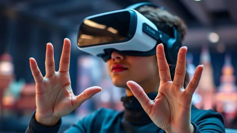 A photorealistic image of a person wearing sleek, futuristic VR goggles, their hands gesturing as if interacting with a virtual environment. The background is softly blurred but suggests a vibrant, diverse digital space with other avatars or cultural landmarks, symbolizing immersive language practice. Cool, cinematic lighting, sharp focus on the VR user, depth of field. 8K hyper-detailed, professional photography, shot on a high-end DSLR.
