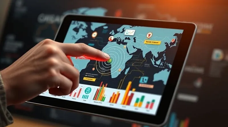 A photorealistic image of a digital nomad's hand pointing to a complex, colorful infographic on a tablet showing multiple income streams flowing into a central bank account, with a world map in the background. Cinematic lighting, sharp focus on the tablet, depth of field blurring the background, 8K hyper-detailed, professional photography, shot on a high-end DSLR.
