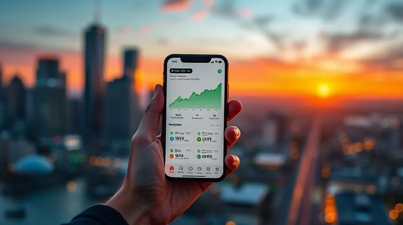 A photorealistic image of a person's hands holding a smartphone displaying a financial app with green upward-trending graphs, set against a backdrop of a blurred, vibrant cityscape at sunset. The screen shows diversified investment portfolios. Cinematic lighting, sharp focus on the phone, depth of field blurring the background, 8K hyper-detailed, professional photography, shot on a high-end DSLR.
