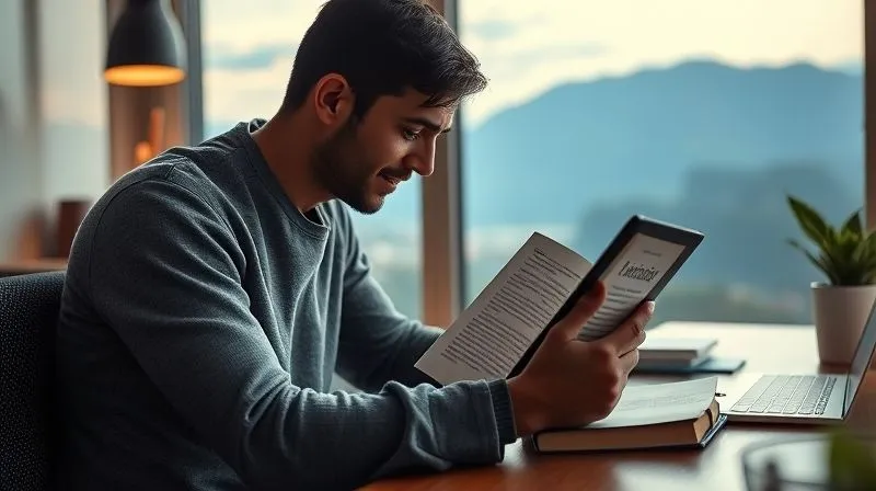 A photorealistic image of a digital nomad reading a financial book on a tablet, surrounded by a serene, minimalist workspace with a view of mountains in the distance. The scene conveys focus and continuous learning. Cinematic lighting, sharp focus on the tablet and book, depth of field blurring the background, 8K hyper-detailed, professional photography, shot on a high-end DSLR.