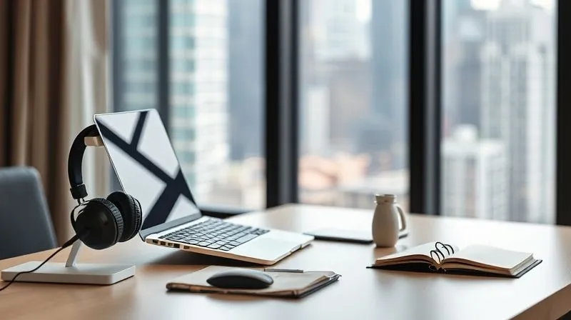 A photorealistic image of a minimalist, organized desk setup in a bright, modern co-working space. A laptop on a stand, an external keyboard and mouse, noise-canceling headphones, and a neatly arranged notebook. A window in the background shows a blurred cityscape. Cinematic lighting, sharp focus, depth of field, 8K hyper-detailed, professional photography, shot on a high-end DSLR.