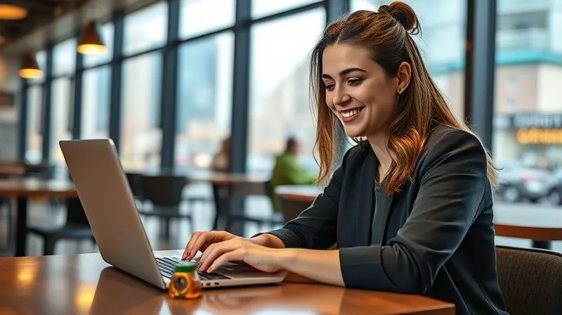 A photorealistic image of a woman, Sofia, smiling confidently while looking at a completed progress bar on her laptop screen. She is in a bright, modern cafe with a vibrant city view outside. A small, local souvenir is on her table, representing a reward. Cinematic lighting, sharp focus, depth of field, 8K hyper-detailed, professional photography, shot on a high-end DSLR.