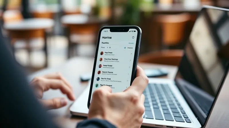 A photorealistic image of a smartphone screen displaying a sleek productivity app interface (e.g., Notion, Todoist) with tasks clearly organized. In the background, a blurred hand is typing on a laptop keyboard. The setting is a cozy, yet modern co-working cafe. Cinematic lighting, sharp focus on the phone screen, depth of field, 8K hyper-detailed, professional photography, shot on a high-end DSLR.