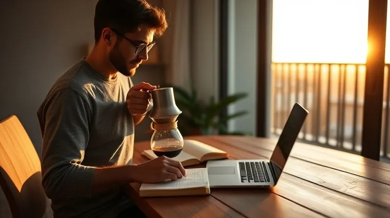 Photorealistic, professional photography, 8K, cinematic lighting, sharp focus, depth of field, shot on a high-end DSLR. A digital nomad performing a quiet morning ritual: brewing a pour-over coffee, with a journal and a minimalist laptop setup ready on a wooden table, overlooking a serene view from a balcony. The light is soft and golden, suggesting early morning focus and calm.
