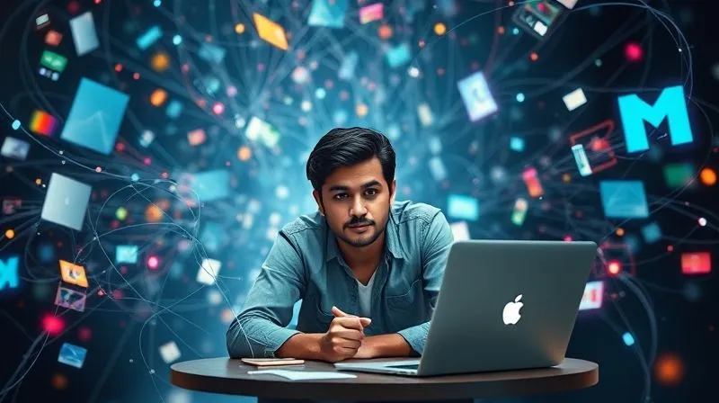 Photorealistic, professional photography, 8K, cinematic lighting, sharp focus, depth of field, shot on a high-end DSLR. A digital nomad sitting at a small table, surrounded by a swirling, chaotic visual representation of digital information: open laptop screens, floating data, tangled wires, and glowing notifications, conveying a sense of overwhelming information overload. Their expression is slightly dazed but determined.