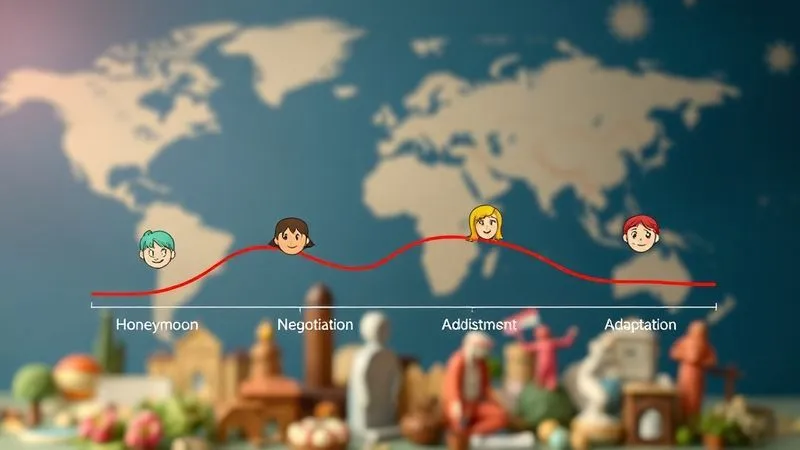 A photorealistic infographic illustrating the four phases of culture shock: Honeymoon, Negotiation, Adjustment, and Adaptation, using a wavy line graph with emotional icons at each peak and valley. The background shows subtle elements of diverse global cultures. Professional photography, 8K, cinematic lighting, sharp focus, depth of field, shot on a high-end DSLR.