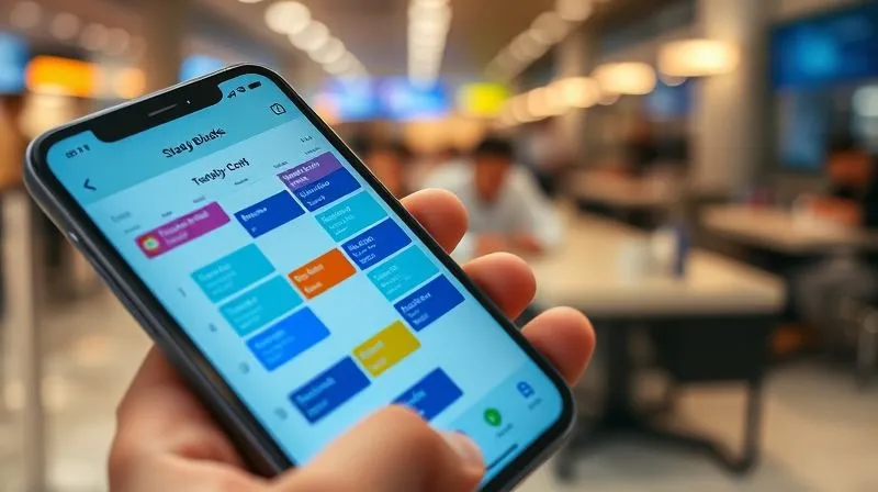 A photorealistic close-up of a smartphone screen displaying a well-organized digital calendar with color-coded study blocks and reminders, held by a person with a blurred background of a bustling cafe or airport. Cinematic lighting, sharp focus on the screen, depth of field, 8K hyper-detailed, professional photography.