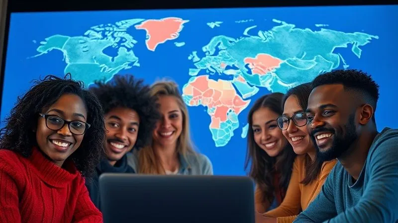 A photorealistic scene of diverse individuals from different parts of the world participating in a vibrant online video call, their faces illuminated by screen light, conveying connection and collaboration. A world map is subtly visible in the background. Cinematic lighting, sharp focus on the faces, depth of field, 8K hyper-detailed, professional photography.