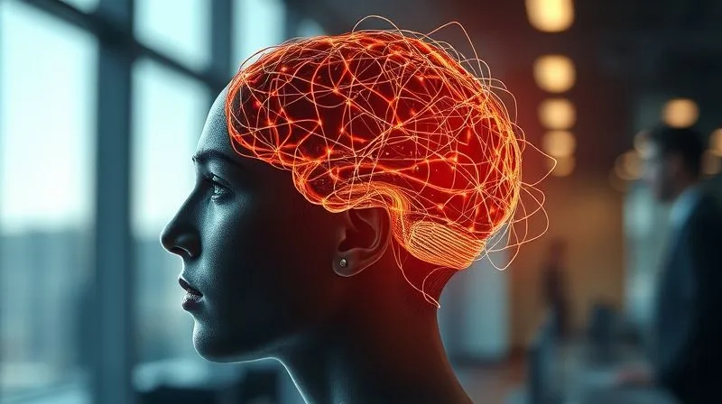 A photorealistic image depicting a person's head with abstract neural pathways tangled and glowing, symbolizing anxiety and fear of public speaking in a foreign language. The background is a blurred, modern business setting. Cinematic lighting, sharp focus on the neural network, depth of field. 8K, professional photography, shot on a high-end DSLR.
