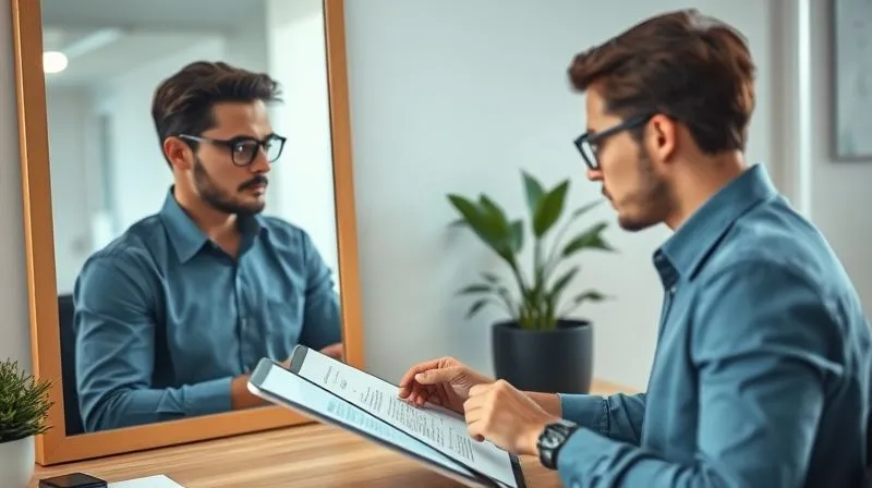 A photorealistic image of a business professional practicing a pitch in a well-lit, minimalist home office. They are looking at their reflection in a large mirror, with a tablet open showing notes. The scene conveys focus and dedication. Cinematic lighting, sharp focus on the person, depth of field blurring the background. 8K, professional photography, shot on a high-end DSLR.