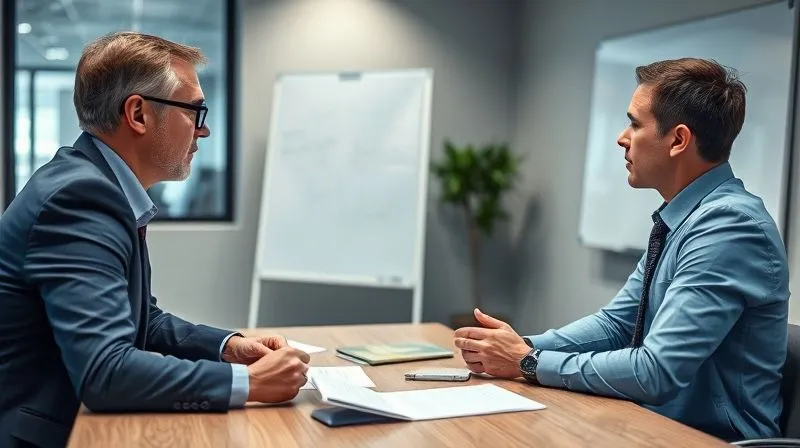 A photorealistic image of two business professionals giving constructive feedback to a third professional who just finished a mock pitch. They are in a modern meeting room, with notes and a whiteboard visible. The atmosphere is supportive and focused on improvement. Cinematic lighting, sharp focus on the interaction, depth of field. 8K, professional photography, shot on a high-end DSLR.