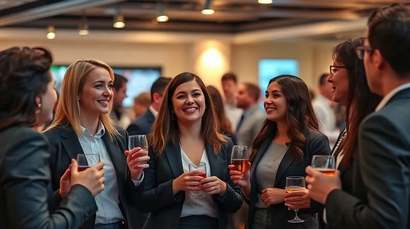 A photorealistic image of a diverse group of business professionals engaged in lively conversation at a networking event. They are smiling, making eye contact, and holding drinks. The background is a modern, stylish event space. Cinematic lighting, sharp focus on the interactions, depth of field. 8K, professional photography, shot on a high-end DSLR.