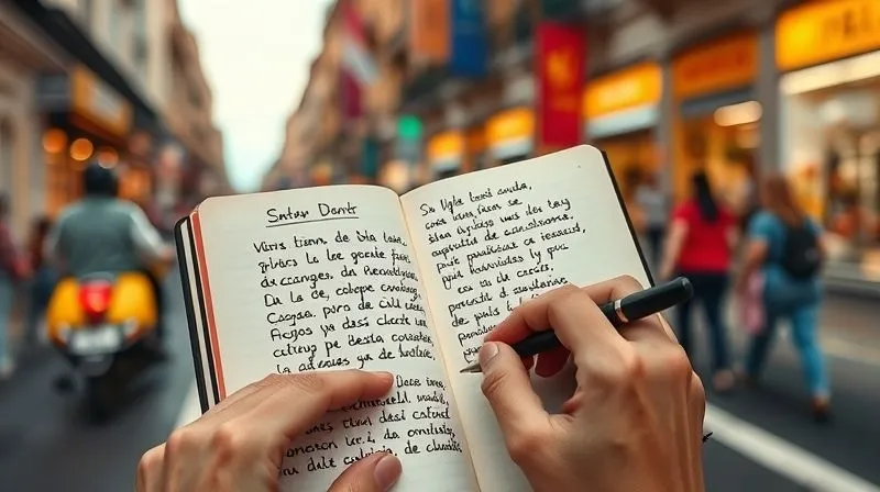 A photorealistic image of a person's hand writing in a journal, with Spanish words and positive affirmations, surrounded by a vibrant, slightly blurred background of a bustling city street, symbolizing progress and self-reflection in a new country. Cinematic lighting, sharp focus on the journal, 8K.