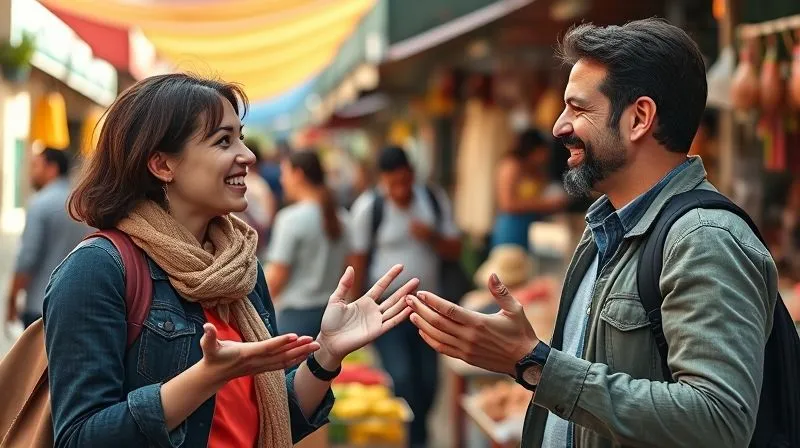 A photorealistic image of two people, one a local Spanish speaker and the other a language learner, engaged in a friendly conversation in a bustling outdoor market. They are smiling, using expressive hand gestures, and maintaining eye contact, demonstrating successful non-verbal communication and active listening. Cinematic lighting, sharp focus, 8K.