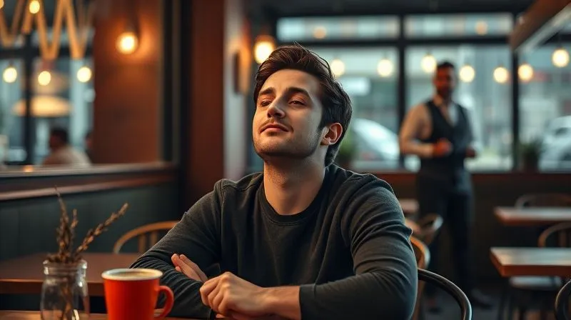 A photorealistic image of a person sitting calmly at a cafe in a Spanish-speaking country, taking a deep breath and looking composed, while a waiter approaches in the background. The scene conveys a sense of peaceful preparation and managing anxiety through mindfulness. Cinematic lighting, sharp focus, 8K.