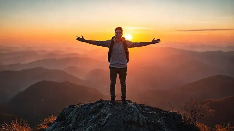 A photorealistic image of a lone traveler standing confidently on a mountaintop overlooking a vast, foreign landscape at sunrise, arms outstretched, symbolizing freedom, acceptance, and overcoming challenges. The traveler has a slight, warm smile. Cinematic lighting, sharp focus on the traveler, depth of field blurring the distant mountains, 8K hyper-detailed, professional photography, shot on a high-end DSLR.