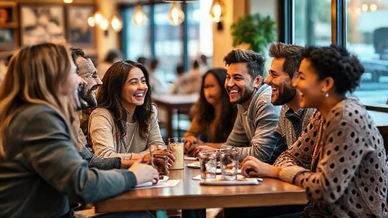 A photorealistic image of a diverse group of young people from different cultures, laughing and conversing animatedly around a table in a cozy cafe. They are engaged in a language exchange, with some speaking and others listening intently. Warm, inviting cinematic lighting, sharp focus on their interacting faces, depth of field blurring the cafe background, 8K hyper-detailed, professional photography, shot on a high-end DSLR.