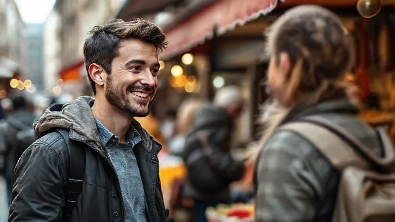A photorealistic image of a smiling young man, clearly a non-native speaker, confidently engaging in conversation with a local person in a bustling European street market. His accent is subtly suggested by his expressive face, but his confidence shines through. The local person is listening with genuine interest. Cinematic lighting, sharp focus on their interaction, depth of field blurring the market activity, 8K hyper-detailed, professional photography, shot on a high-end DSLR.