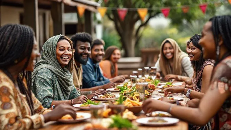 A photorealistic image of a diverse group of people from different countries, including a nomad, sharing a meal and laughing together at a long table outdoors in a vibrant, culturally rich setting. The focus is on their joyful interaction and connection, transcending language barriers. Cinematic lighting, sharp focus on their expressive faces, depth of field blurring the background, 8K hyper-detailed, professional photography, shot on a high-end DSLR.