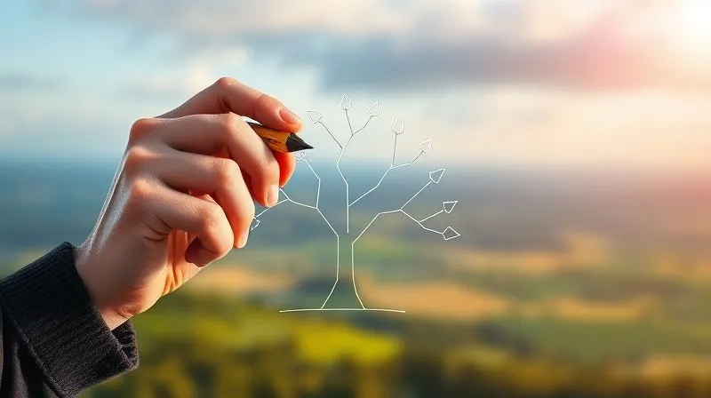 photorealistic, professional photography, 8K, cinematic lighting, sharp focus, depth of field, shot on a high-end DSLR. A person's hand sketching a decision tree on a transparent glass board, with a blurred backdrop of a serene, expansive landscape, symbolizing clarity amidst complex choices. The lines are clean and precise.
